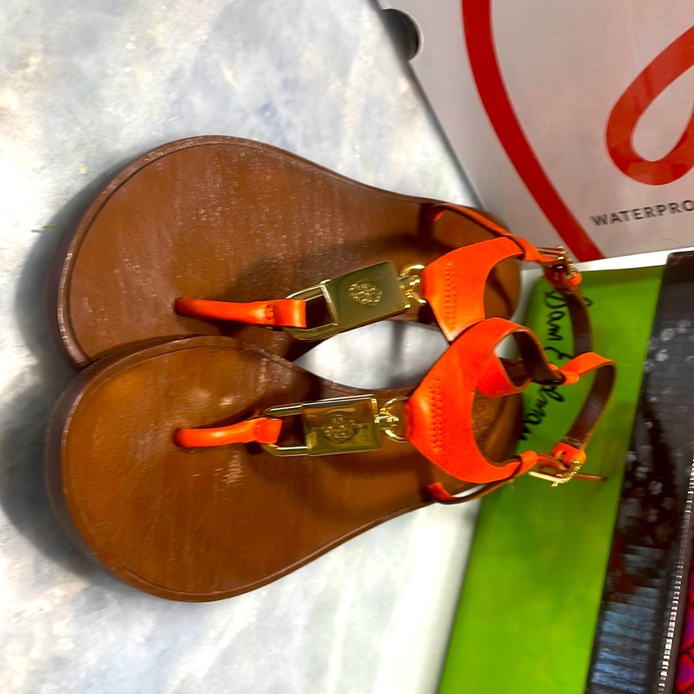 Tory Burch summer sandals and orange with gold logos